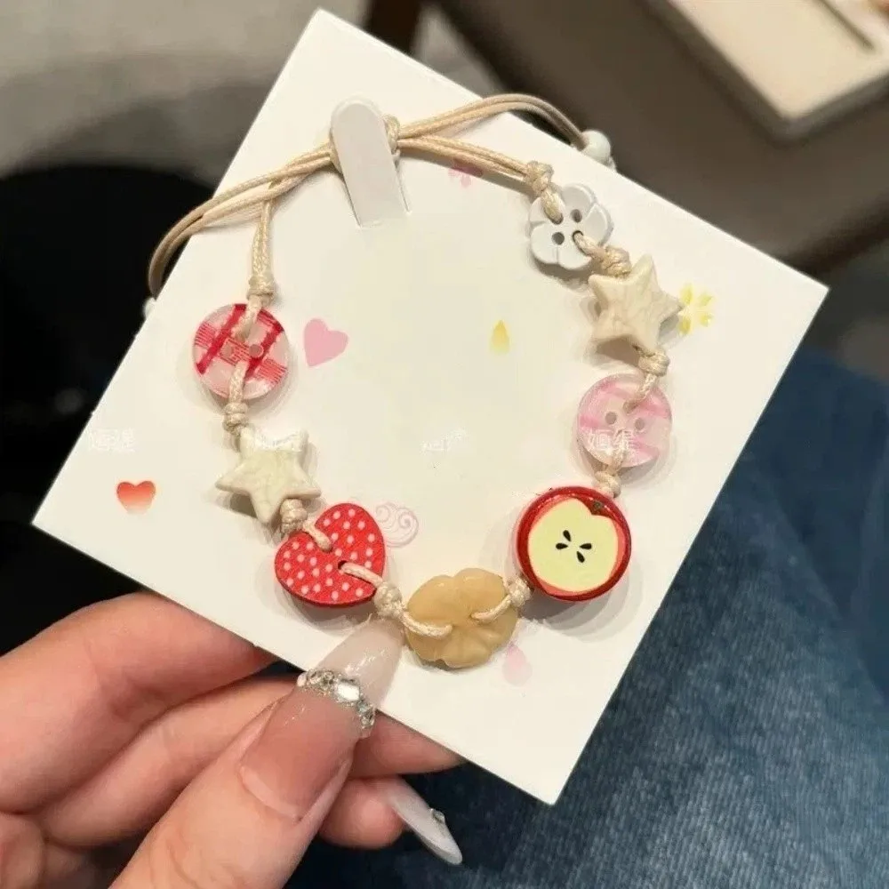 Fun Sweet Resin Star Bracelet Lovely Flower Adjustable Woven Bangle Vintage Button Cartoon Beads Hand Chain Women