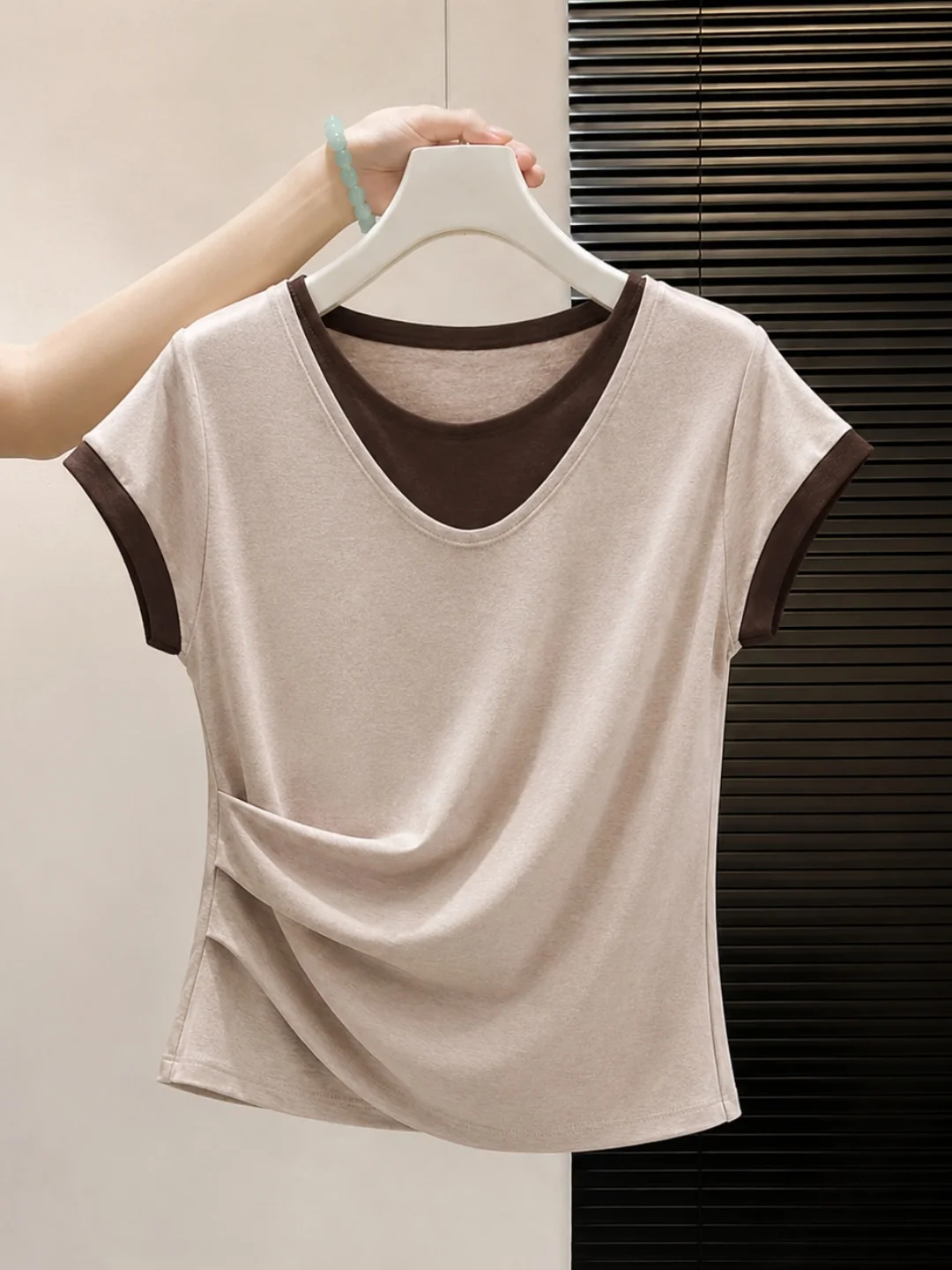 Korean Style Color Block Short Sleeve T-Shirt Fake Two-Piece Fashionable Summer Design Sense Elegant Women's Top Shirt