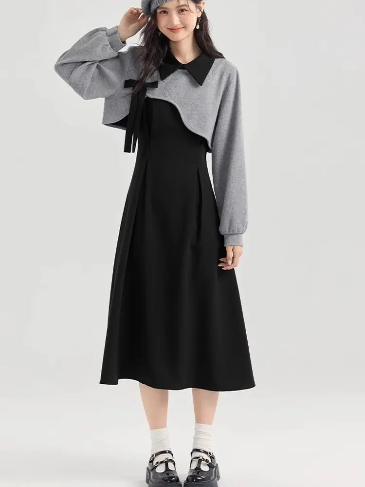 Knitted Short Sweater+Tank Top Dress Two Piece Set Women's Set Temperament Slim Fashion New French Long Sleeve Suit