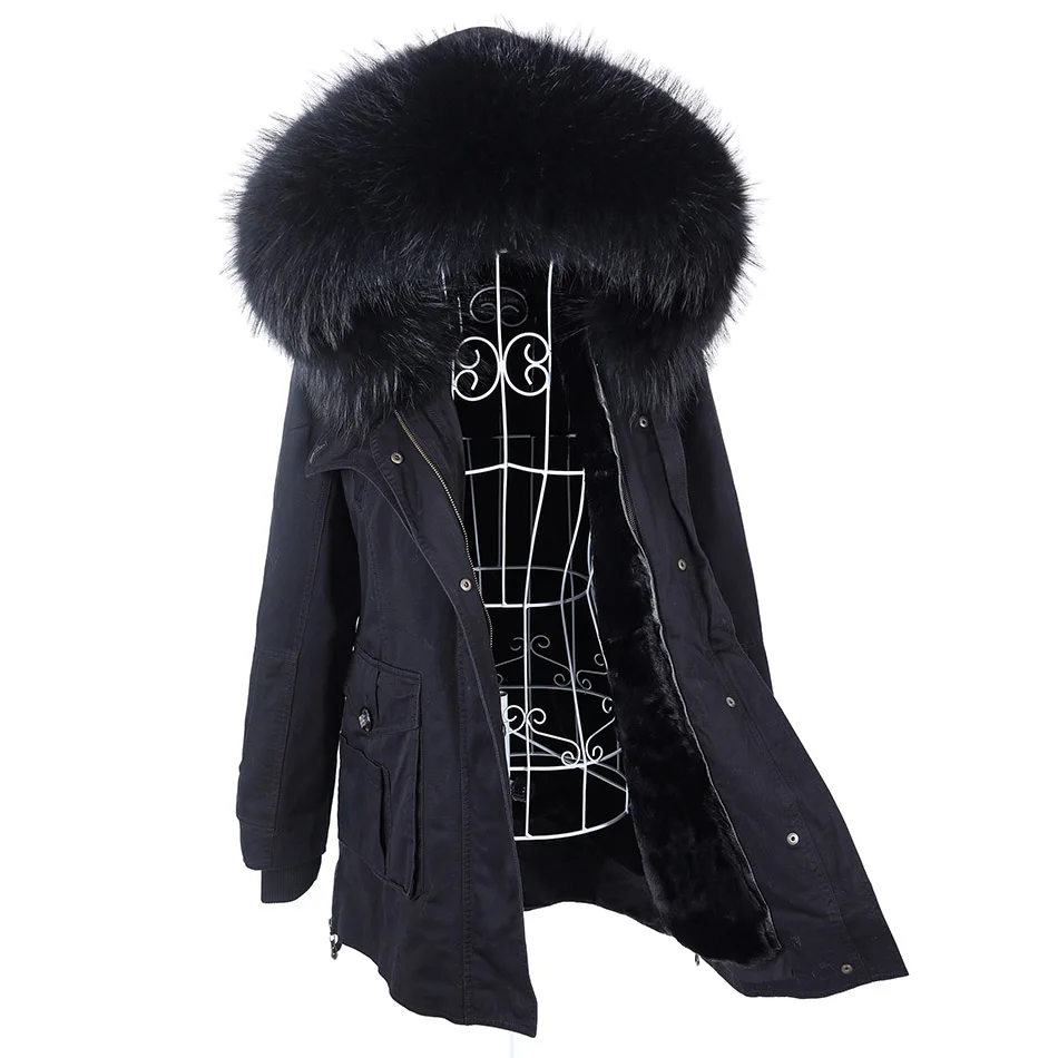 MAOMAOKONG New Big Natural Real Raccoon Fur Collar Coat Luxury Winter Women Long Female Jacket Removable Thick Lining Parkas