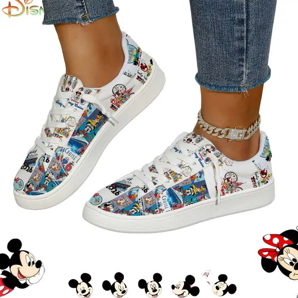 

Disney Cruise Themed Mickey & Friends Printed White Sneakers, Comfortable Casual Lace-Up Shoes for Women