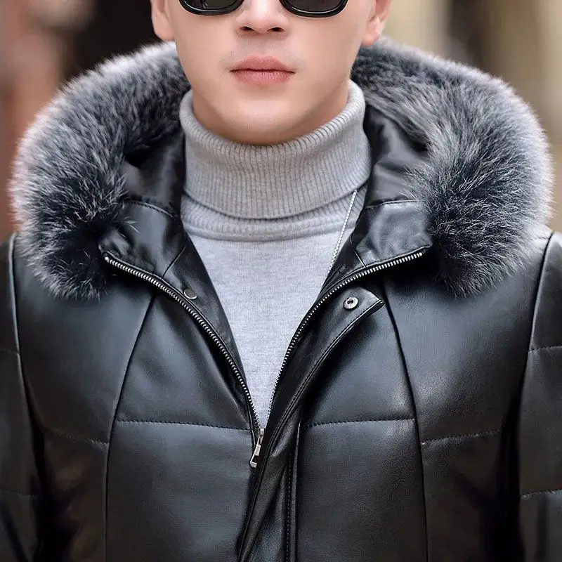 Puffer Jacket Men High Quality Winter Leather Down Jacket Man Silver Fox Fur Collar Korean Medium Long Slim Fit Sheepskin Coat