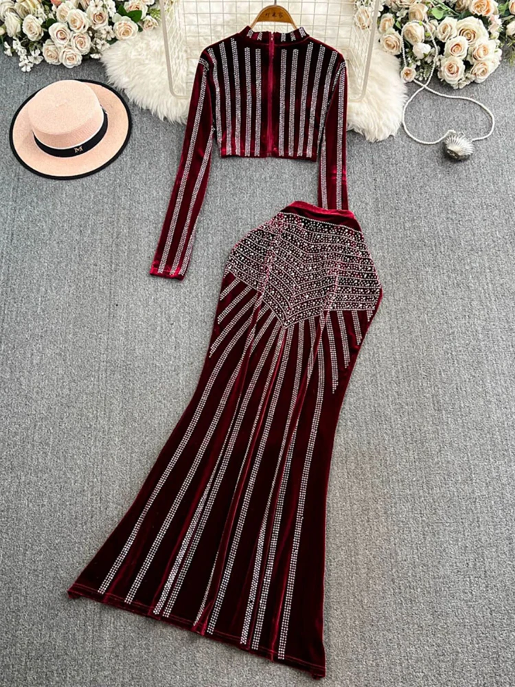 High Quality Diamond Studded Short Top+High Waist, Hip Hugging Fish Tail Skirt Set 2024 New Fashionable Women'S Clothing