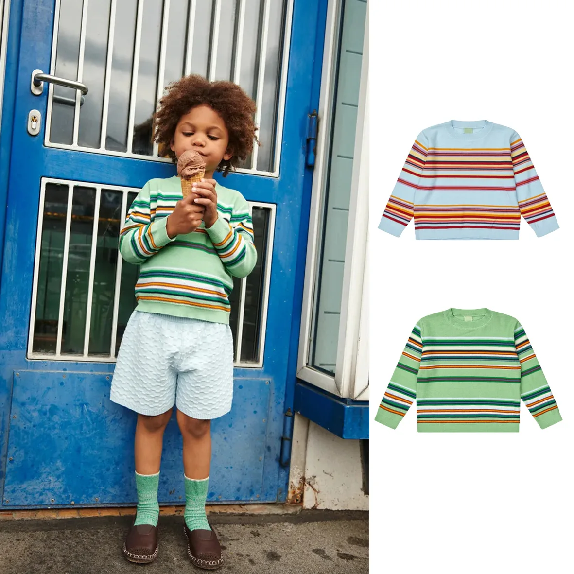 2025 Autumn Winter Kids Knitted Hoodies Unisex Striped Long Sleeve Baby Base Layer Sweaters for Boys and Girls