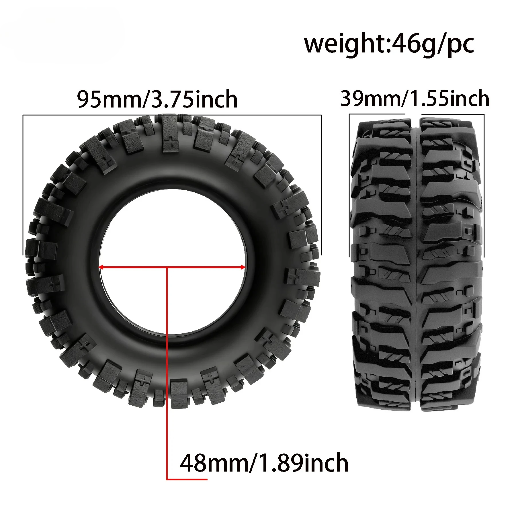 4pcs pneu de borracha RC de 1,9 polegadas 95 mm |   Pneu de cascalho/escalada SCX10 II·TRX4·D90 Axial 90046/90047 universal