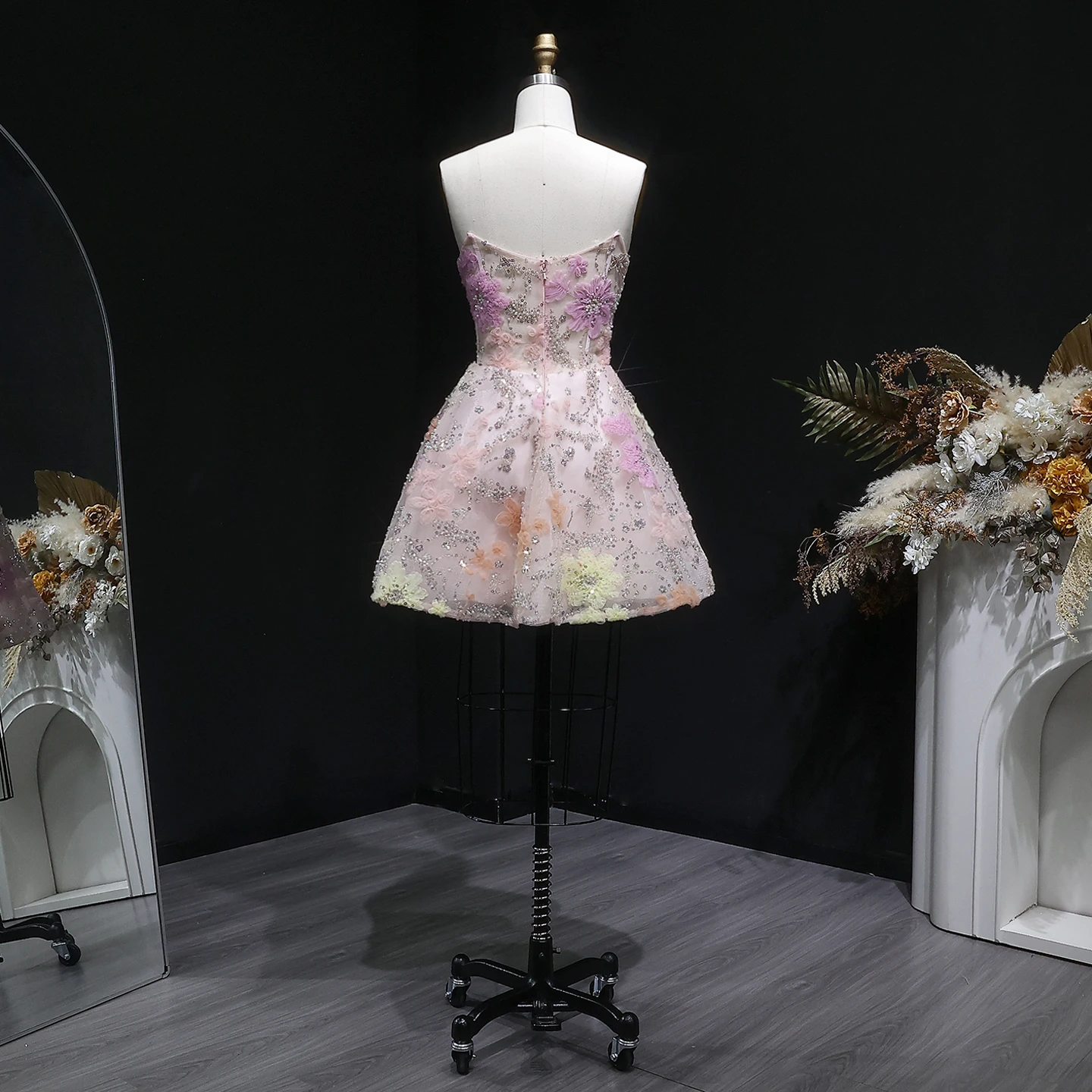 Sharon Said Rosa trägerloses 3D-Blumenperlen-Korsett-Homecoming-Kleid Dubai Sexy Mini-Cocktail-Abschlussball-Partykleid RM135 Maßanfertigung – Detail 10
