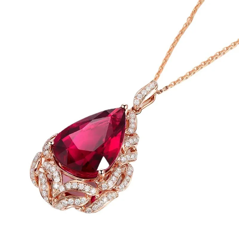 New Fashion Rose Gold Color Elegant Romantic Artificial Ruby Red Tourmaline Pendant Necklaces For Women Wedding Jewelry Gifts