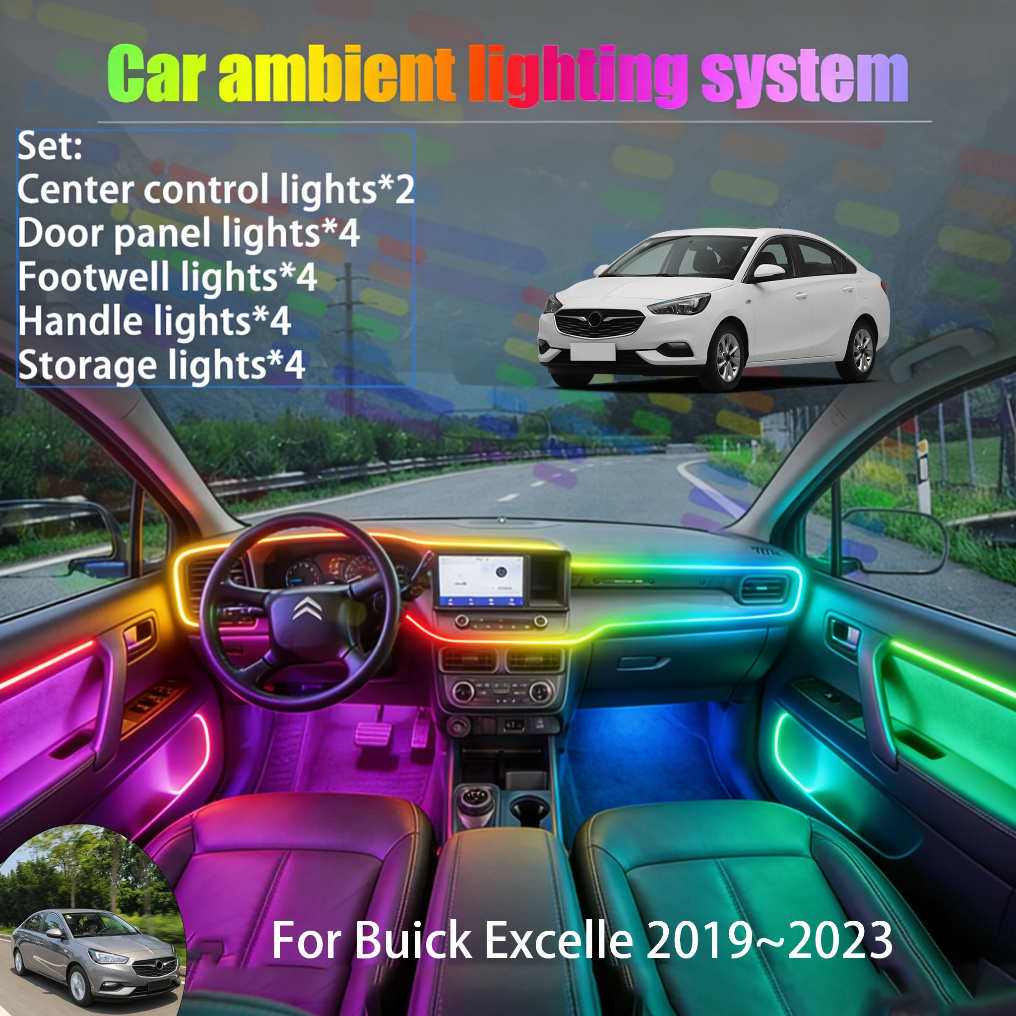 

For Buick Excelle 2019~2023 MK2 2/18 in 1 Car ambient lighting Led trunk interior led lights USB RGB Ensemble Streamer