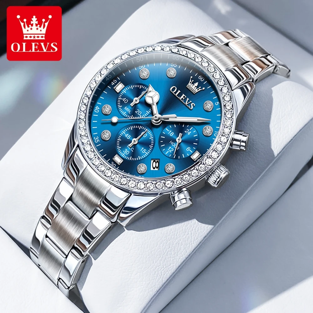 OLEVS Brand Original Quartz Watch for Women Stainless Steel Waterproof Auto Date Chronograph Elegant Diamond Ladies Wristwatch