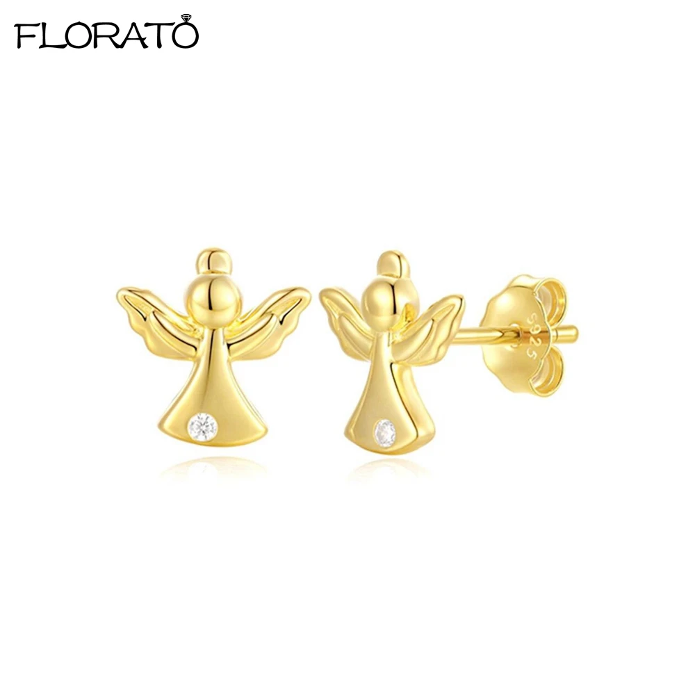 925 Sterling Silver Needle Mini Lucky Angel Stud Earring for Women Fashion Gold Color Small Earrings Fine Jewelry Accessory Gift