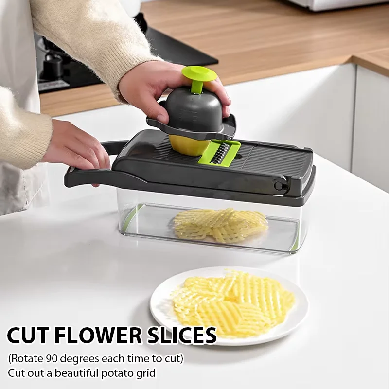 Juego de picadora de verduras multifuncional, rebanador de frutas Manual, rallador de alimentos con contenedor, picadora, material de cocina, 14/16
