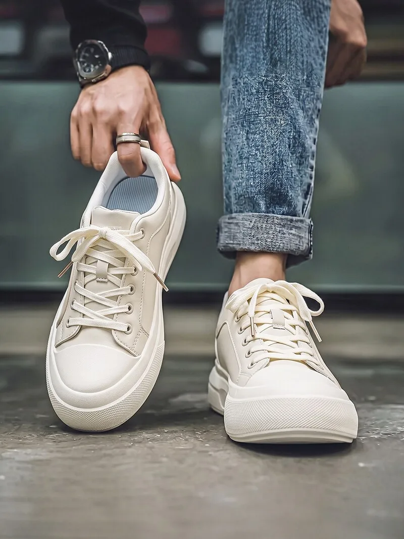 Men's Casual Leather Shoes Spring Autumn Thick Bottom Heightening Sports Leisure Board Shoes Fashionable All-Match White Leather