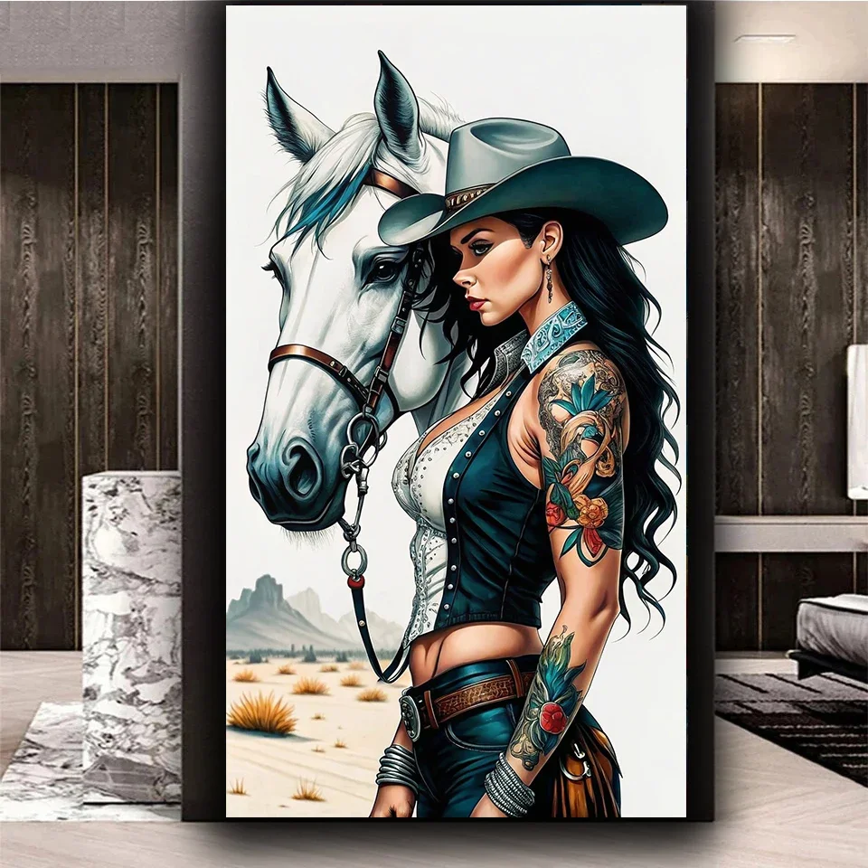 Increíble tatuaje de vaquero, arte de pintura de diamante grande de mujer y caballo, bordado completo de diamantes DIY, mosaico para decoración del hogar, punto de cruz