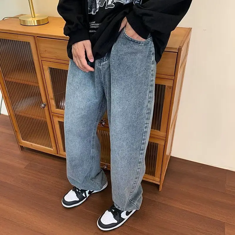 

2024 Spring/Summer New Soft Men's Jeans Thin Loose Straight Leg Pants Drawstring Elastic Waist Korean Casual Trousers T53