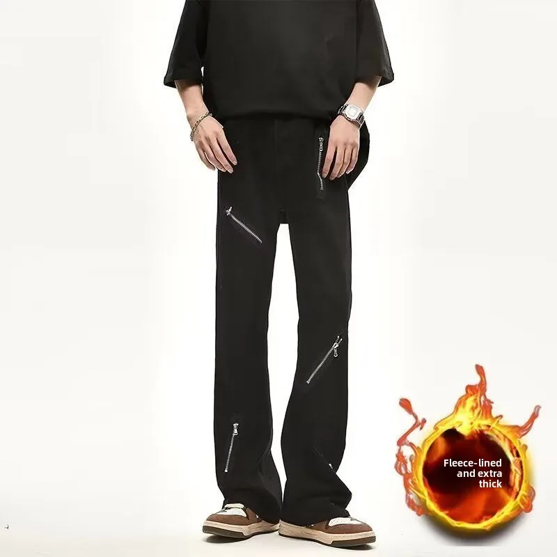 

American Street Sle Men's Zipper Waed Vintage Jeans Loose Straight Leg High Street Vibe Long Trousers Spring Autumn
