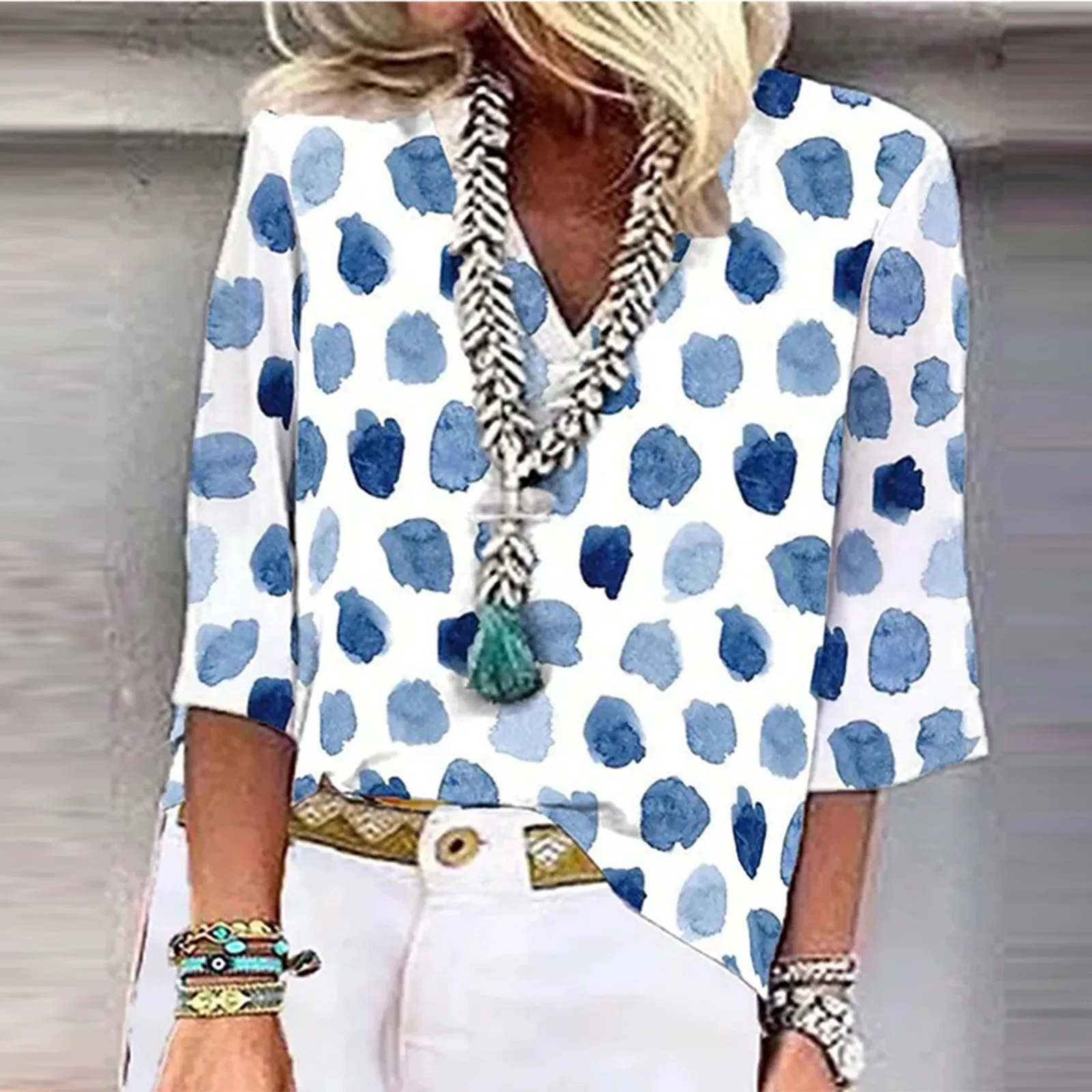 Women's t Shirt Blue and white porcelain color matching Blouse Casual Loose Shirts 3/4 Sleeve  Print V Neck Tops tshirt traf