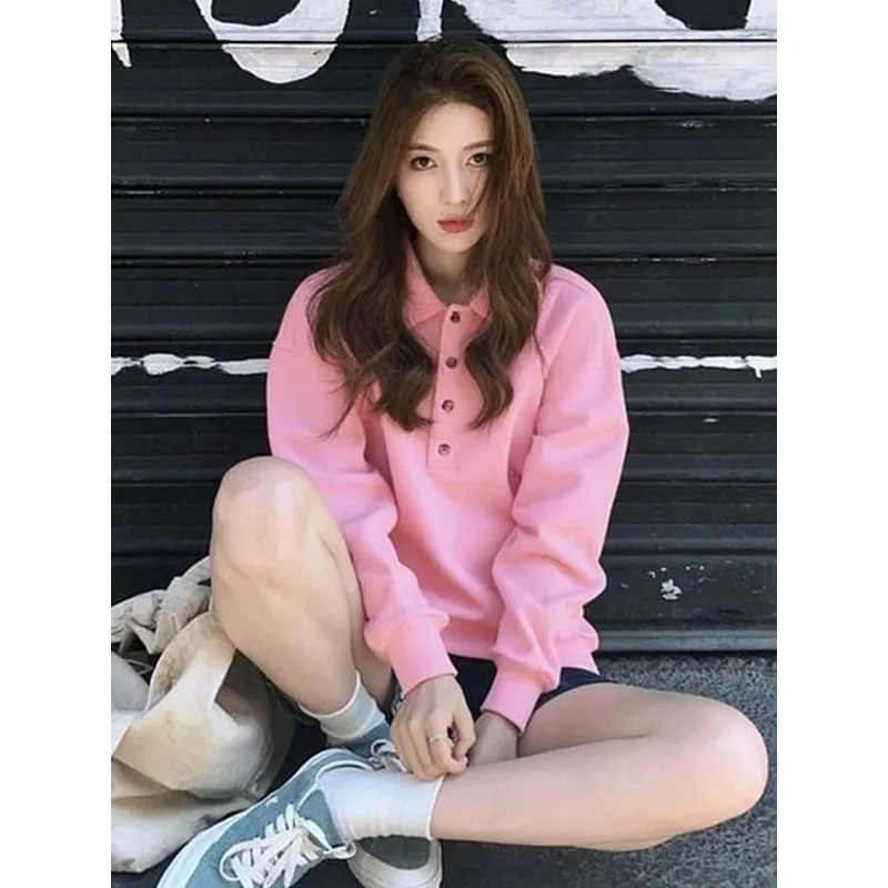 Felpa da Donna Rosa con Colletto a Polo, Maniche Lunghe, Bottoni Frontali, Stile Casual e Comodo per Uso Quotidiano