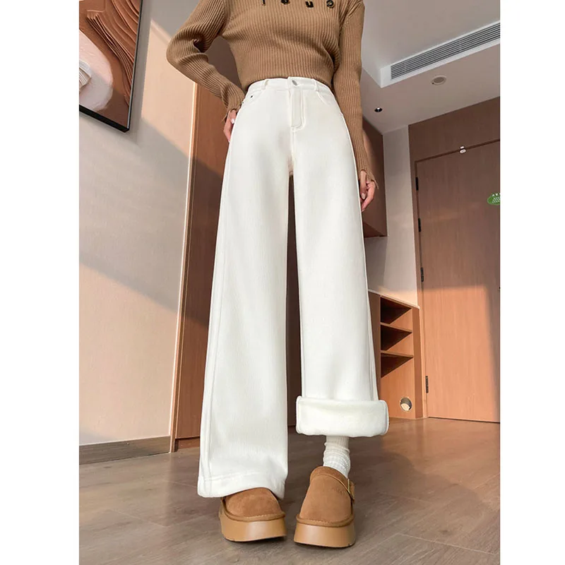 

Autumn Winter High Waist Corduroy Pants Women Casual Baggy Thicken Fleece Inside Warm Pants Female Versatile Wide Leg Trousers