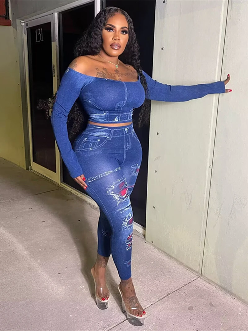 Faux Jean imprimé 2 pièces pour femmes, tenue d'automne, épaules dénudées, haut court, pantalon slim, survêtement décontracté