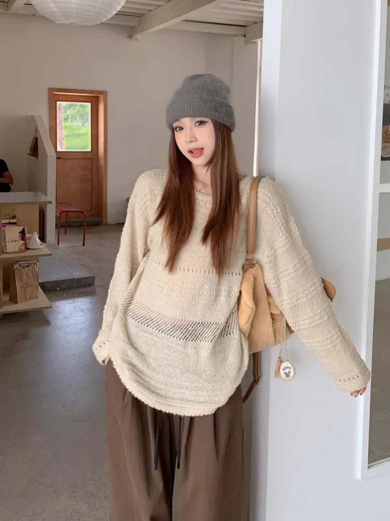 

Kumikumi Lazy Sle round Ne Hollow out Long Sve вязаный свитер женский модный свободный утягивающий топ на осень