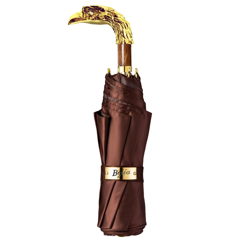 

Luxury Metal Handle Folding Umbrella Retro Brown Parasol UV Protection Windproof Gentleman Umbrella Portable Travel Business