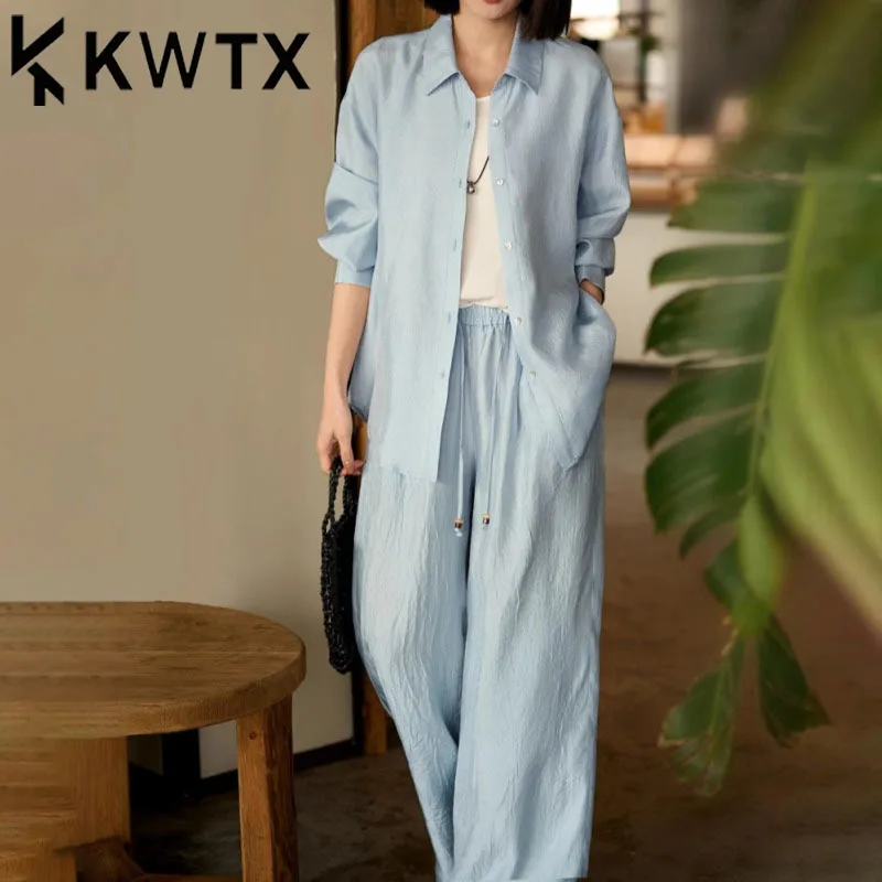 

KWTX Women's Luxury 2 Piece Set Back Slit Blouse Wide Leg Pants Lightweight Solid Color Elegant Vintage Spring Summer 2025