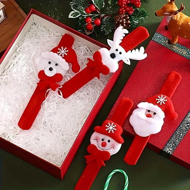 12PCS Christmas Clap Bands Santa Snowman Reindeer Bear Cartoon Festive Snap Bracelets Kids Adult Xmas Party Gift Decorations