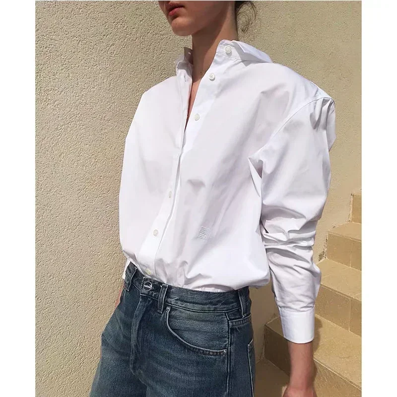 TT@ LUXURY White Shirt Women\'s 2024 Autumn Outside Wear Loose Lazy Design Sense Niche Versatile Cotton Top Office Lady