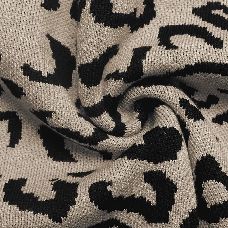 Women Leopard Pullovers Jumpers Knitted Sweaters Spliced Round Neck Long Sleeve Loose Y2k Office Lady Casual Autumn Winter 2025