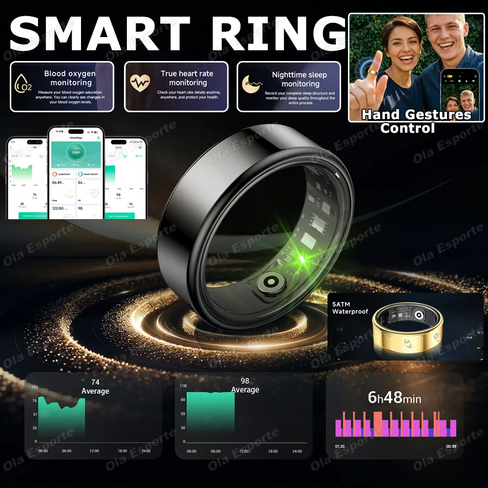 Outdoor Sports Smart Ring Heart Rate Blood Pressure Sleep Monitoring Hand Gestures Control 5ATM Waterproof Women Men Smartring
