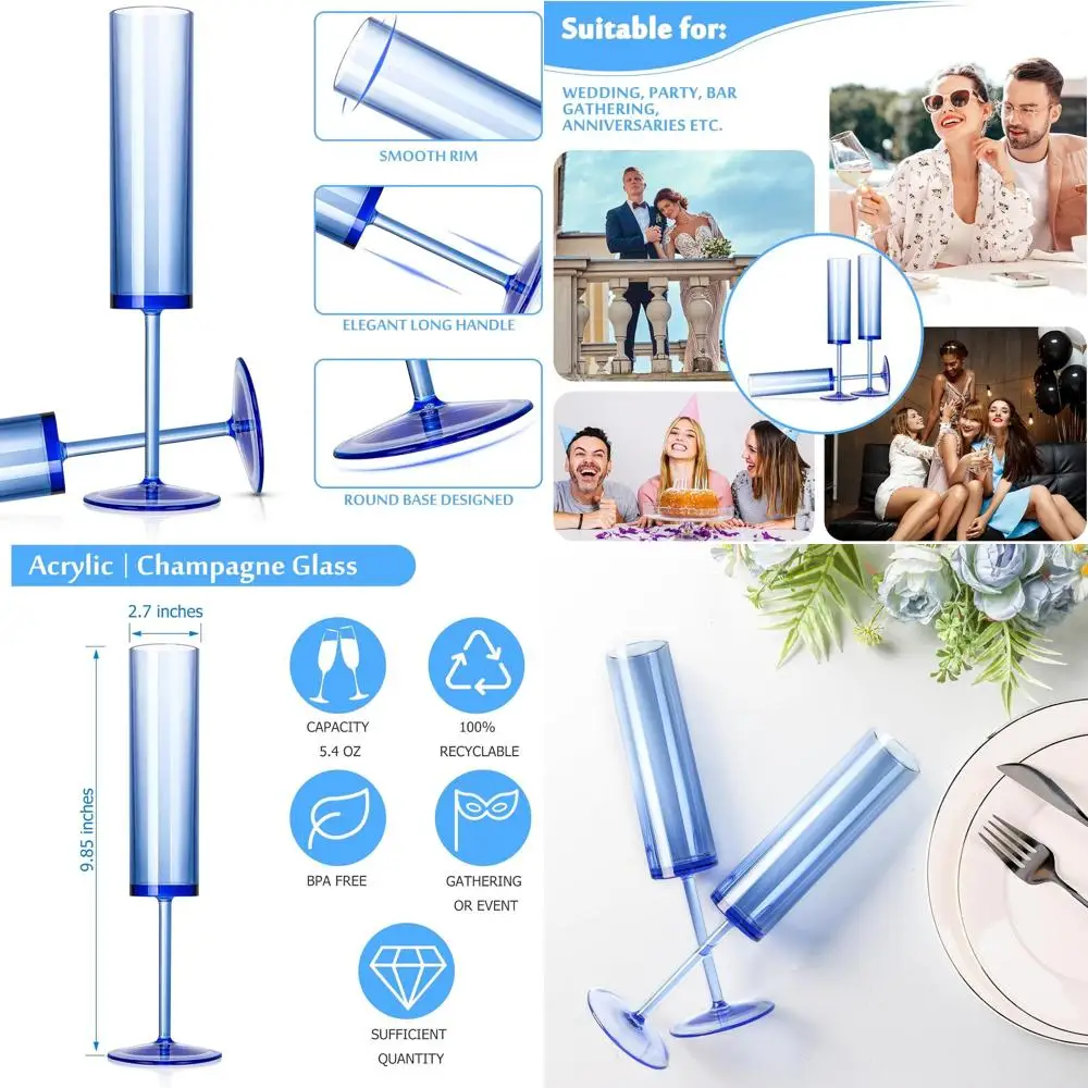 

Set of 24 Sapphire Blue Plastic Champagne Flutes - 5.4 oz Clear Acrylic Stem Wine Glasses for Celebrations