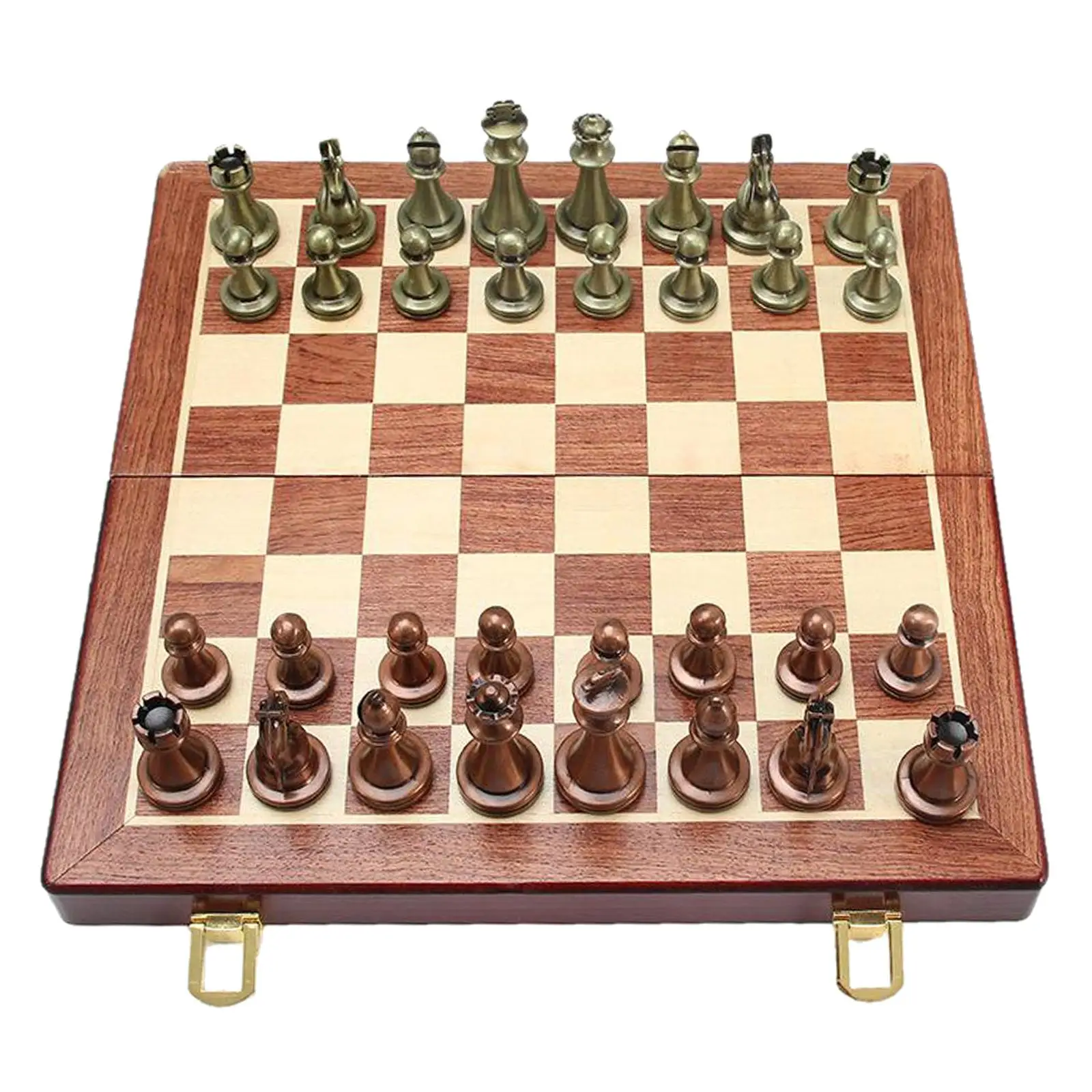 Large Folding Chessboard Wood and Metal Set Antique Copper Brass Pieces Portable Box for International Chess Travel