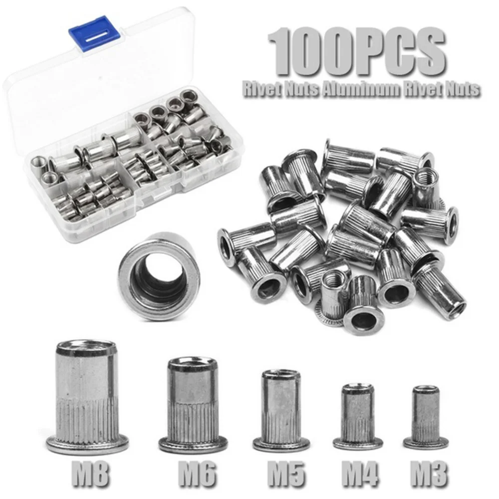 100/150PCS M3- M8 Aluminum Rivet Nuts Knurled Riveting Nuts Flat Head Threaded Riveting Insert Nutsert Cap with 1PC Crimp Plier