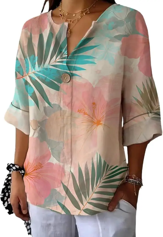 

Women's Vintage Floral V-Neck Shirt Bohemian Floral Wildflower Pattern T-Shirt Casual Comfort Women's Summer T-Shirt