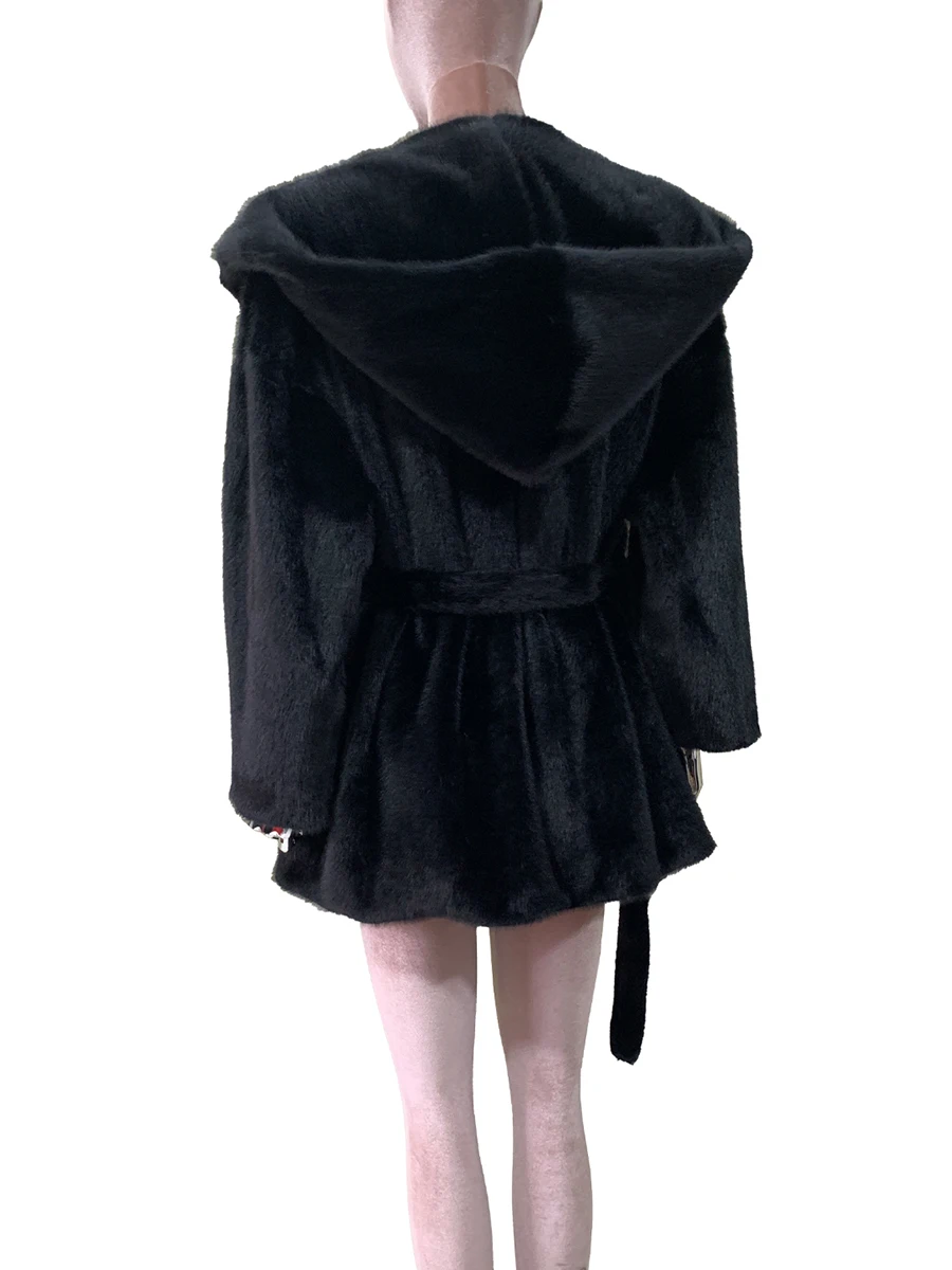 Autumn Winter Warm Thick Soft Faux Mink Fur Coat Women with Hood Sashes Elegant Chic Luxury Designer Clothes Fluffy Jacket 2025