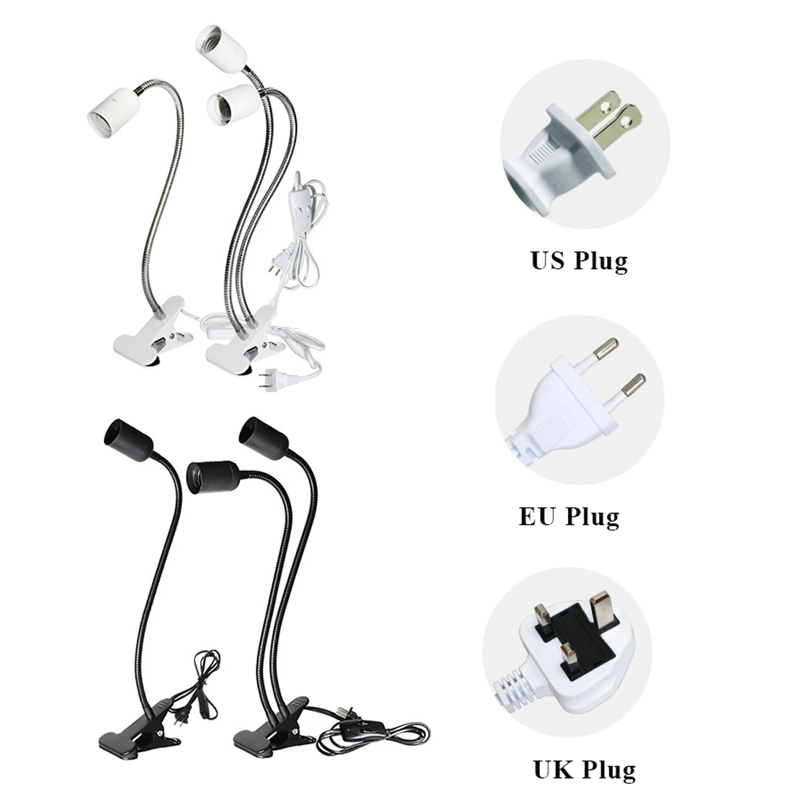 EU US Plug 360 Degree Flexible Desk Table E27 Base LED Lamp Holder Socket Clip-on Cable with Power On Switch For Bedroom Decor