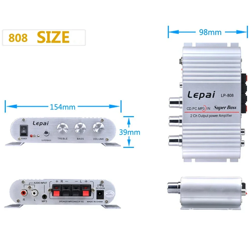 Lepy LP-808 Mini amplificatore di potenza per auto hi-fi digitale 2.0 canali Subwoofer digitale Stereo BASS Audio Player adatto per MP3, MP4