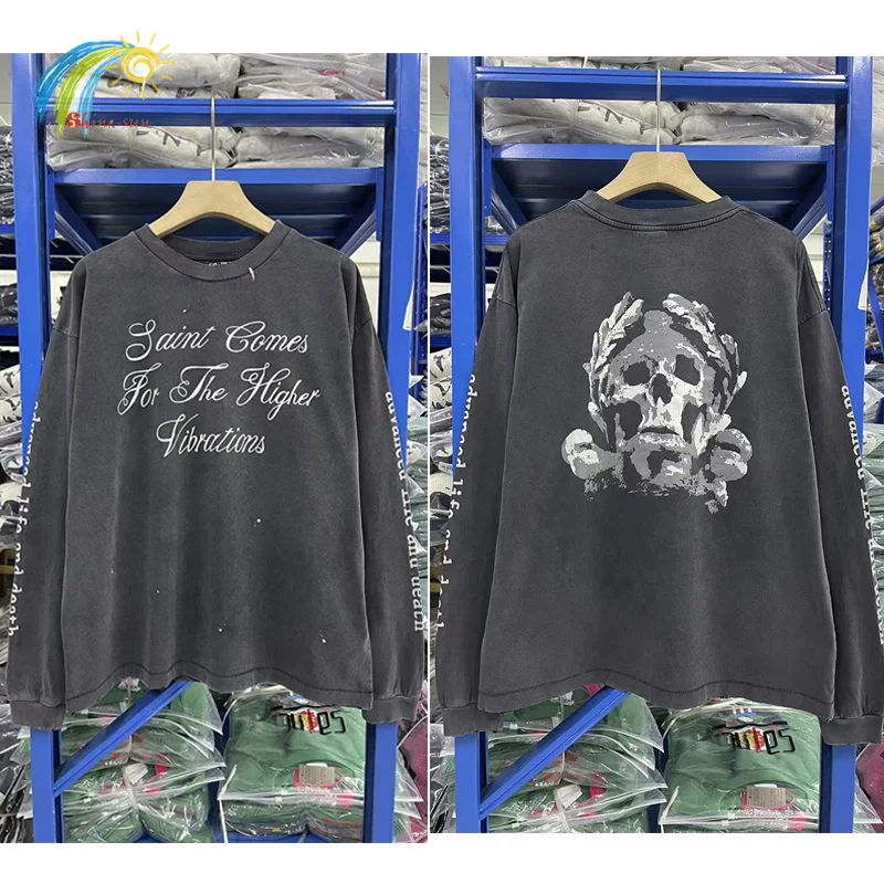 

Винтажная винтажная футболка в стиле хип-хоп с принтом черного черепа SAINT COMES с длинными рукавами для мужчин и женщин, хлопковая футболка большого размера с всплеск чернил, топы