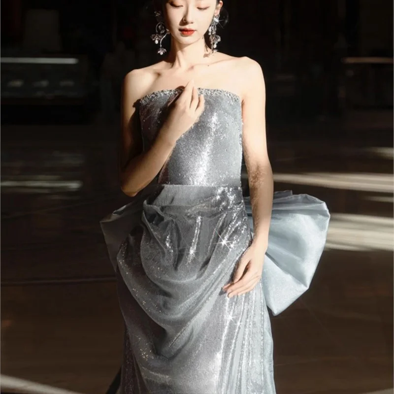 New Style Silver Light Luxury Minority Banquet Host Strapless Dress Female