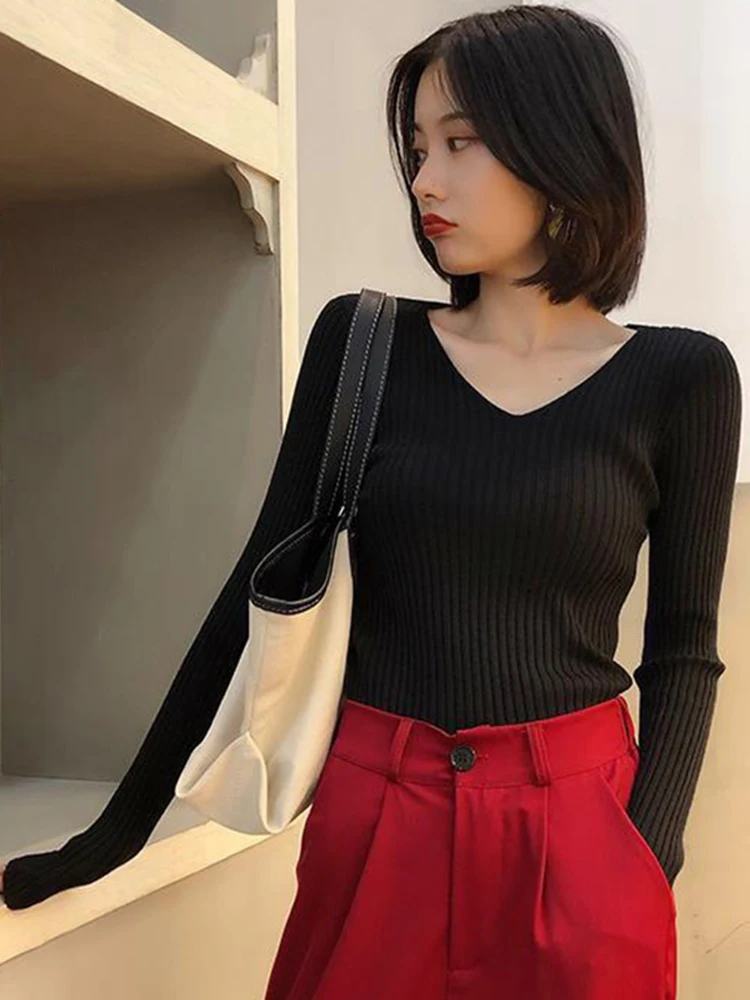 2024 Autumn Winter Women Solid Rib Knit V Neck Stripe Pull Sweater Femme Long Sleeve Pullover Jersey Tops Fashion Clothes Y2k