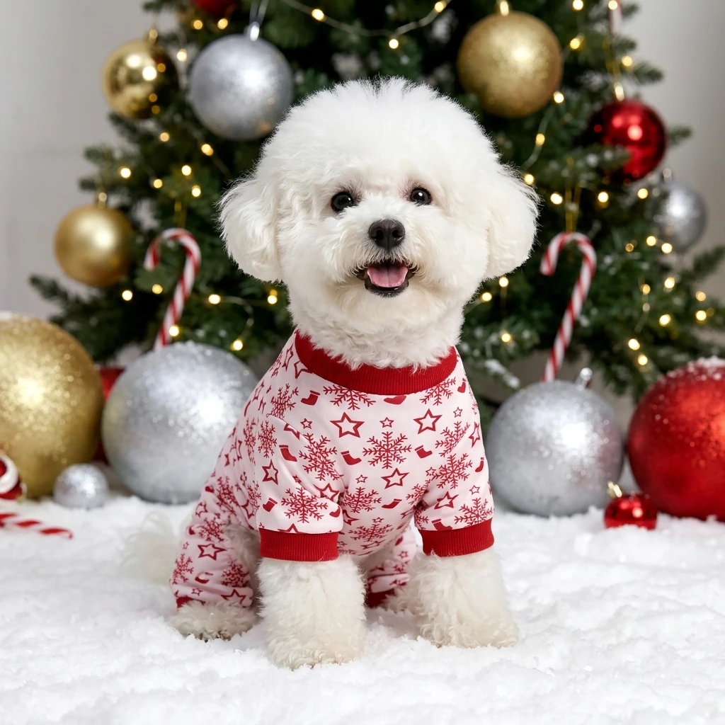 Christmas pet dog jumpsuit, snowflake five pointed star print design four legged suit, soft and breathable Christmas pet outfit