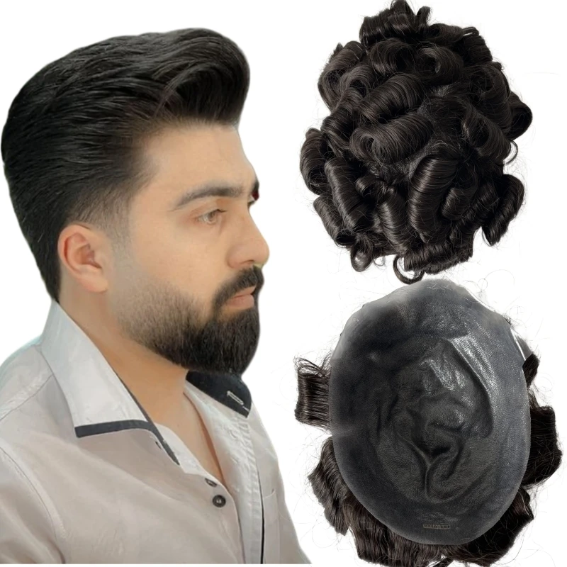 

Indian Virgin Human Hair Replacement #1b Black Toupee 8x10 Knots PU Unit for White Men