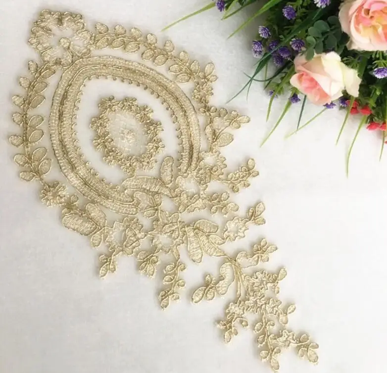 2 Pieces 30*15cm Embroidered patches Light Gold Guipure Lace Sewing lace for dress Applique DIY Bridal Headdres Lace Collar