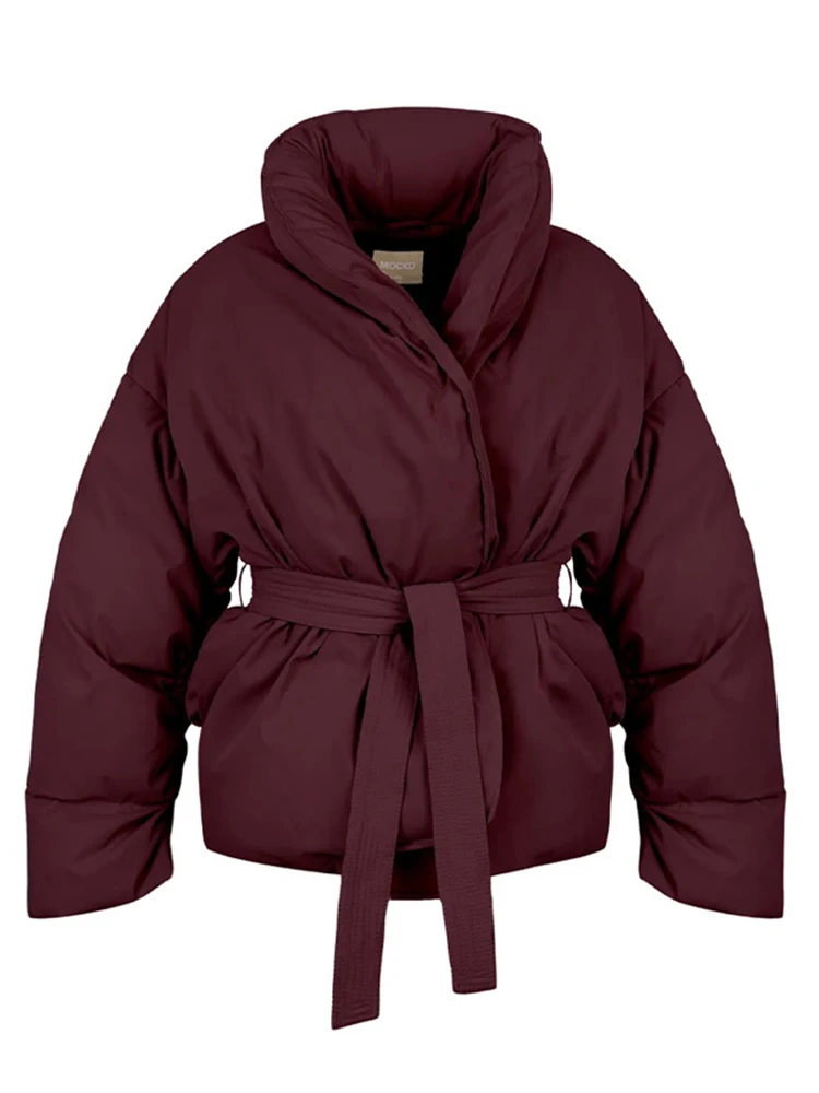 BZVW Vino Rosso Cappotto corto imbottito in cotone da donna 2024 Inverno Nuovo risvolto Maniche lunghe Cintura raccolto Giacca in vita Donna 25Z2045