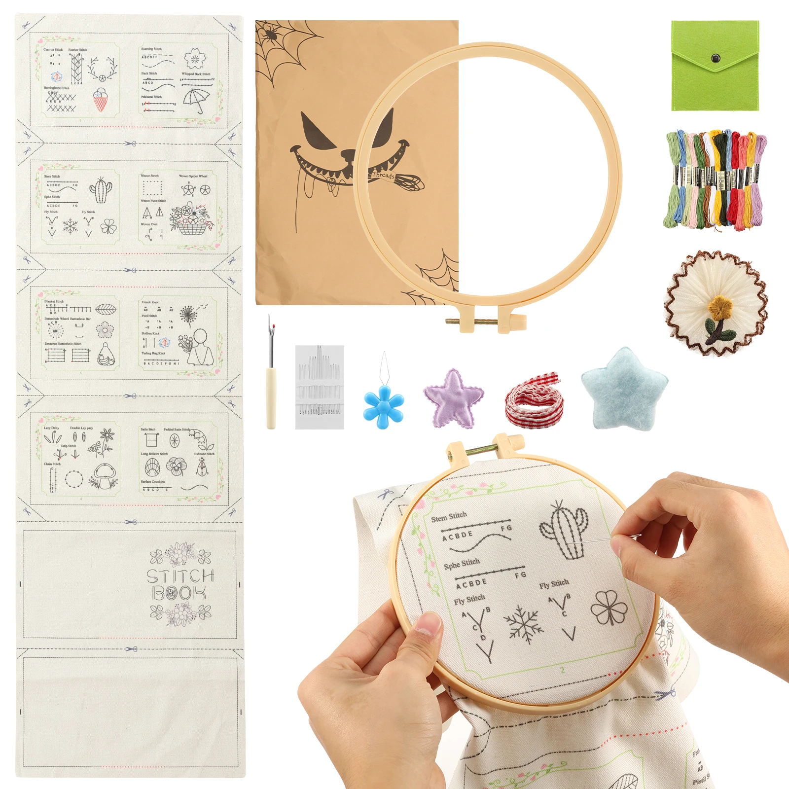 Embroidery Stitch Book Kit 6 Fabric Pages and 32 Essential Stitches Learning Beginner Embroidery Stitch Book with Video Tutorial