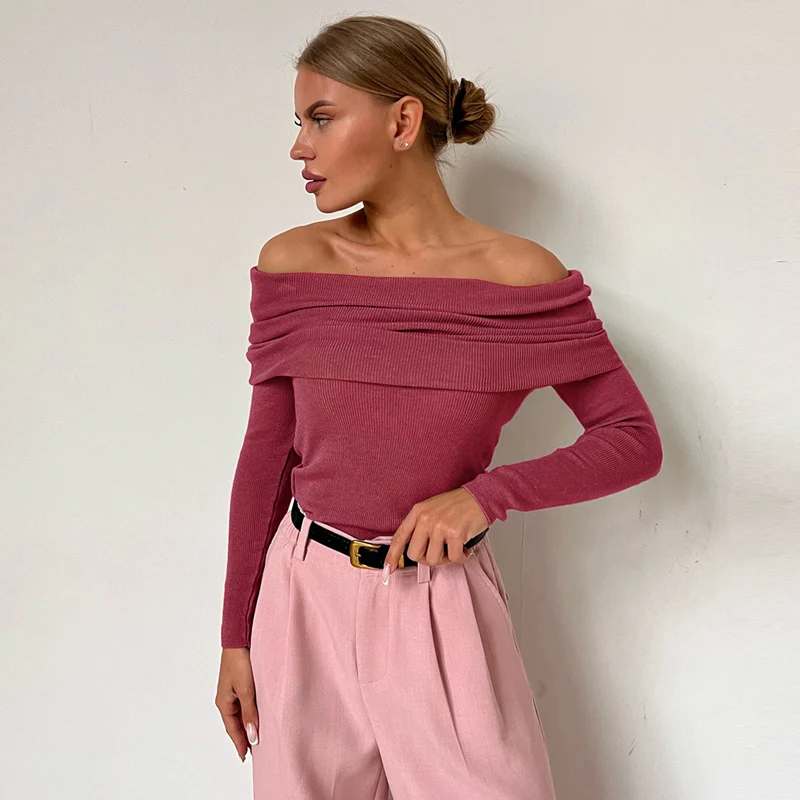 Off Shoulder Sweater Women Solid Wool Cashmere Sweater Slash Neck Long Sleeve Knitted Top Female Jumper Sweaters Autumn Winter