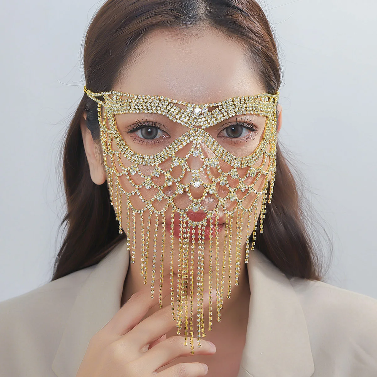 Personalized exaggerated hollow full diamond tassel mask fashion light luxury Halloween ball music festival accessories masks