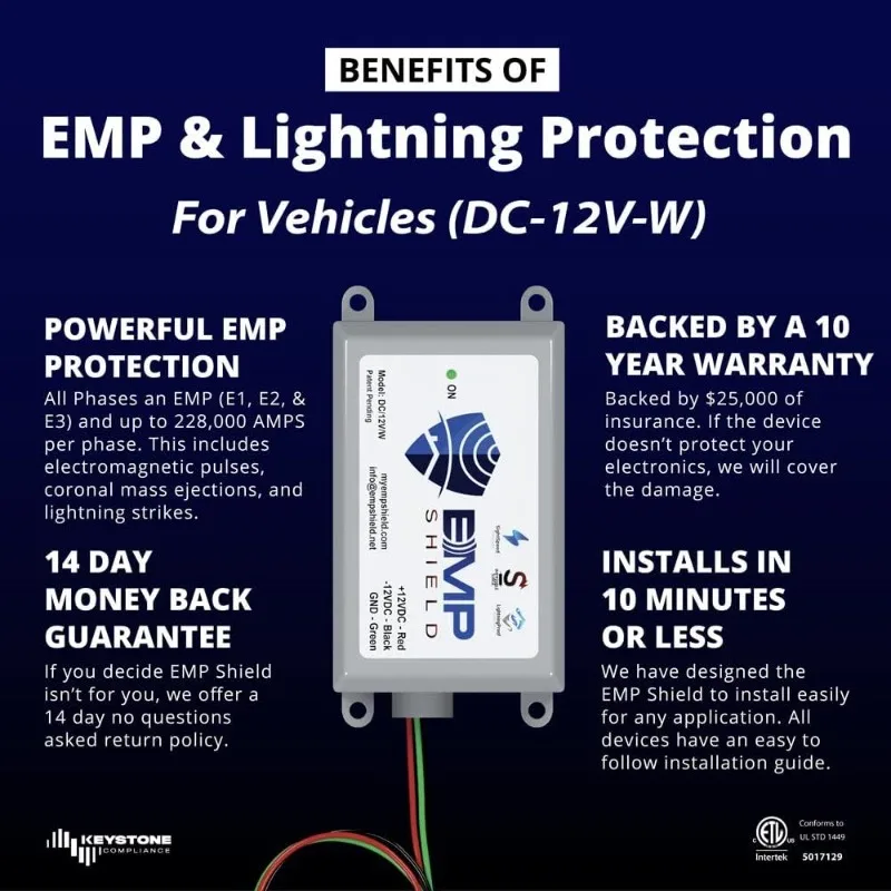 Protection 12 Volt DC for Car and Truck (DC-12V-WV) Lightning, Solar Flare, and Surge Protection