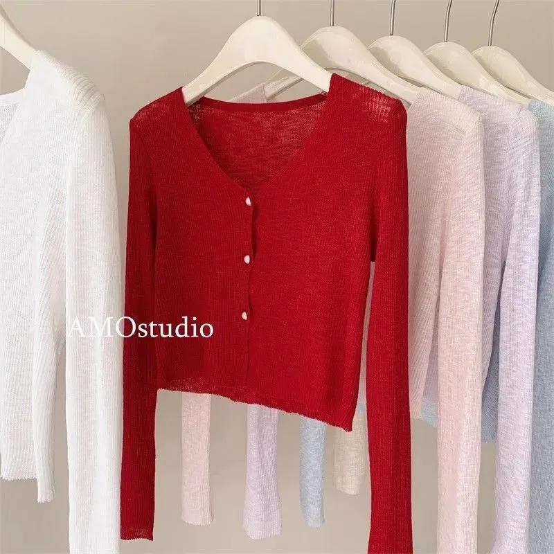 여성용 레드 롱 슬리브 가디건 슬림핏 버튼 프론트 니트 가디건 데일리 데이트 착용용
