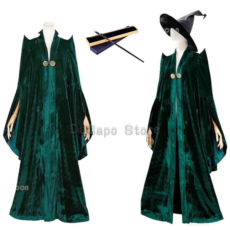 Professor Minerva Pro. Mcgonagall Cosplay Kostuum Heksen Jurk Groen Gewaad Magische Cape Fluwelen Rollenspel Mantel Halloween Verkleedpartij